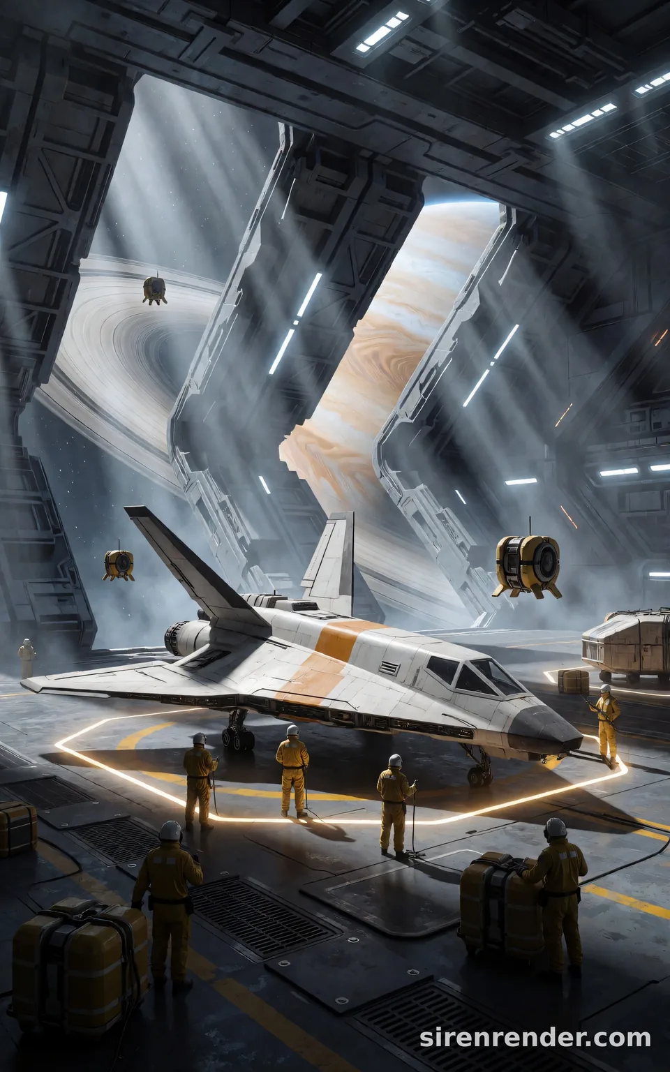 Spaceship Hangar Bay: sci-fi concept art of a vast spaceship hangar with a white delta-wing shuttle on a glowing landing pad, engineers in yellow suits, hovering cargo drones and open bay doors showing a ringed gas giant, seed 11