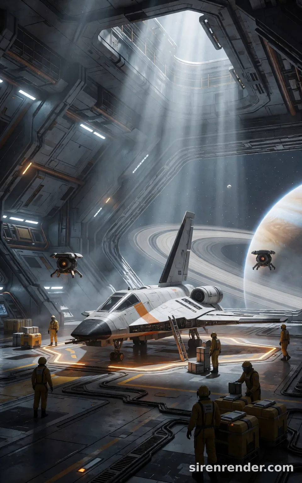 Spaceship Hangar Bay: sci-fi concept art of a vast spaceship hangar with a white delta-wing shuttle on a glowing landing pad, engineers in yellow suits, hovering cargo drones and open bay doors showing a ringed gas giant, seed 22