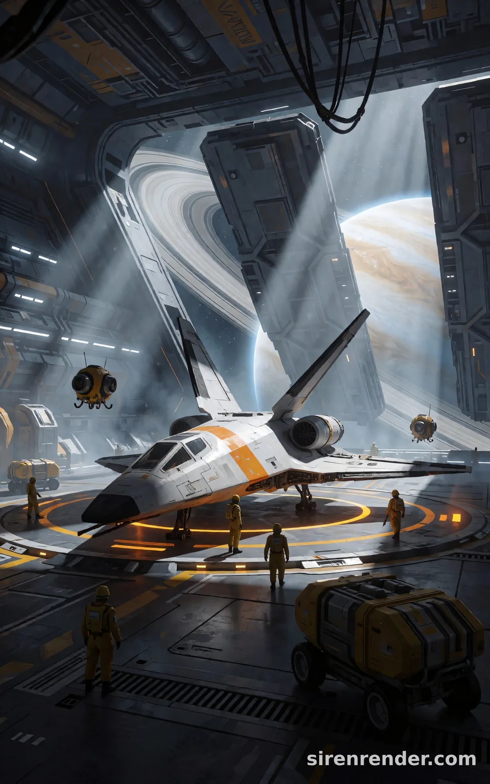 Spaceship Hangar Bay: sci-fi concept art of a vast spaceship hangar with a white delta-wing shuttle on a glowing landing pad, engineers in yellow suits, hovering cargo drones and open bay doors showing a ringed gas giant, seed 33