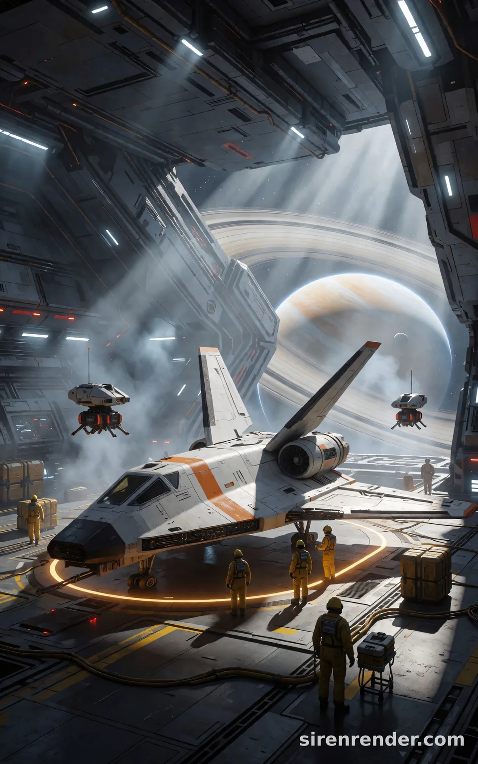 Spaceship Hangar Bay: sci-fi concept art of a vast spaceship hangar with a white delta-wing shuttle on a glowing landing pad, engineers in yellow suits, hovering cargo drones and open bay doors showing a ringed gas giant, seed 44