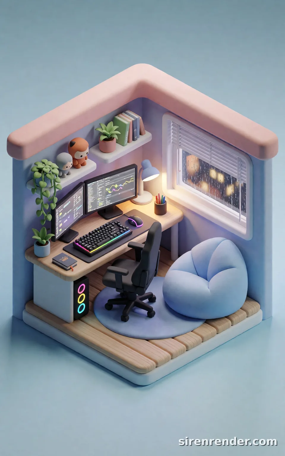 Isometric Gamer Room: cozy isometric 3D render of a tiny gamer bedroom floating on a pastel blue background, with two glowing monitors, a rainbow-lit keyboard, a beanbag, shelves of plants and figurines, and a rainy city window, seed 11