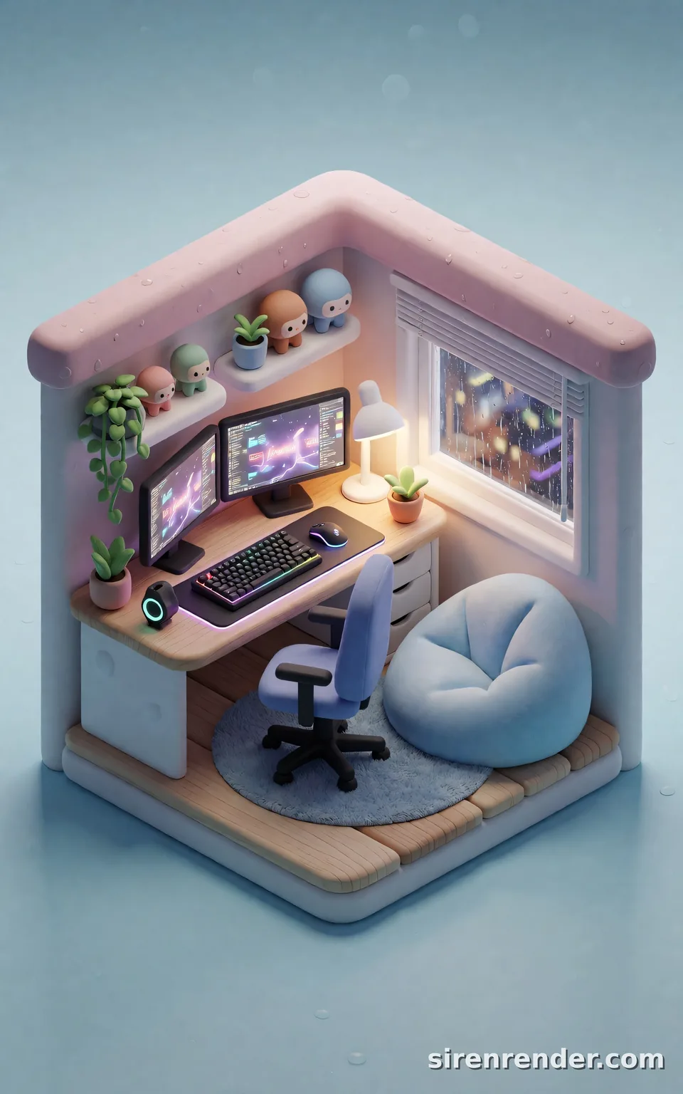 Isometric Gamer Room: cozy isometric 3D render of a tiny gamer bedroom floating on a pastel blue background, with two glowing monitors, a rainbow-lit keyboard, a beanbag, shelves of plants and figurines, and a rainy city window, seed 22