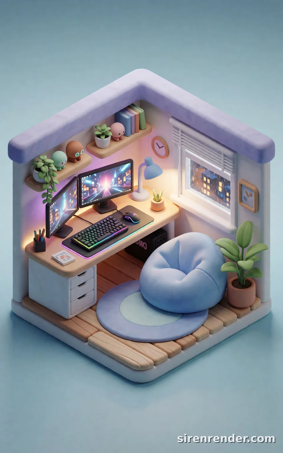 Isometric Gamer Room: cozy isometric 3D render of a tiny gamer bedroom floating on a pastel blue background, with two glowing monitors, a rainbow-lit keyboard, a beanbag, shelves of plants and figurines, and a rainy city window, seed 33