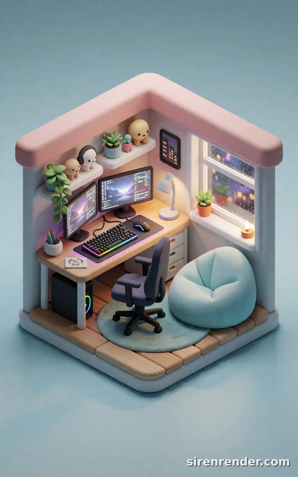 Isometric Gamer Room: cozy isometric 3D render of a tiny gamer bedroom floating on a pastel blue background, with two glowing monitors, a rainbow-lit keyboard, a beanbag, shelves of plants and figurines, and a rainy city window, seed 44