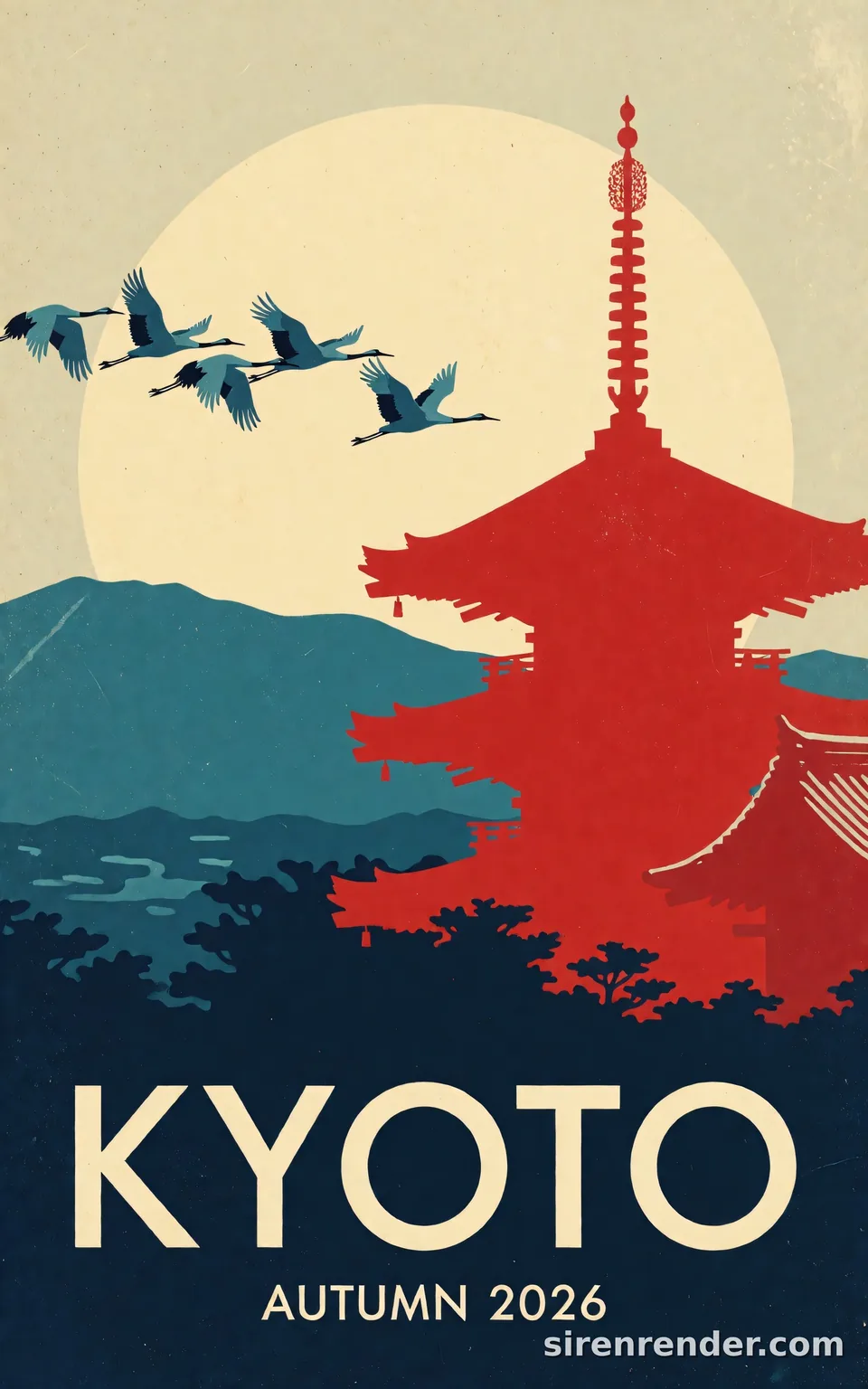 Kyoto Travel Poster: mid-century screen-print travel poster of Kyoto: a red pagoda silhouette against a huge pale yellow sun, layered teal and navy mountains, cranes in flight, KYOTO and AUTUMN 2026 in clean sans-serif, seed 11