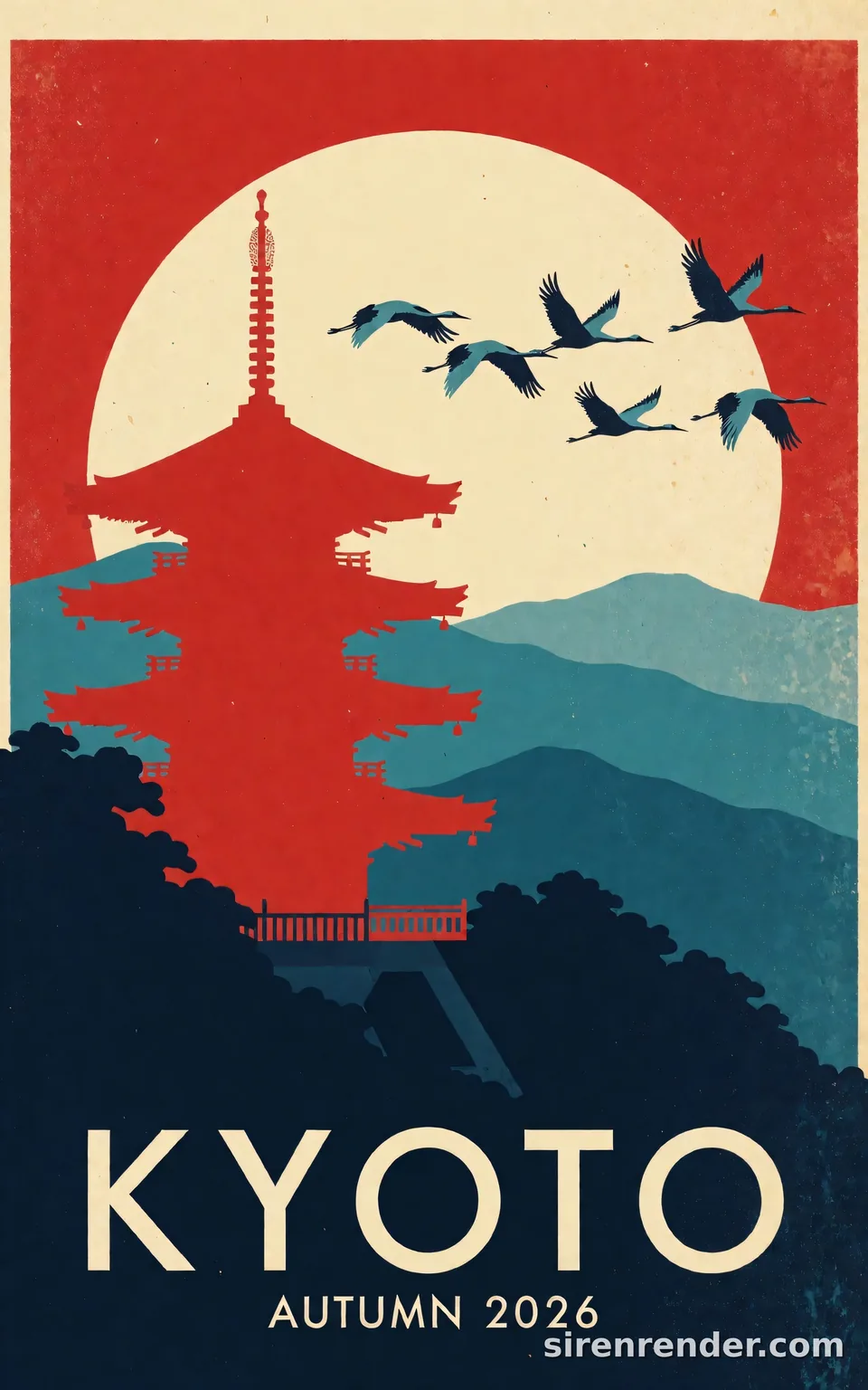 Kyoto Travel Poster: mid-century screen-print travel poster of Kyoto: a red pagoda silhouette against a huge pale yellow sun, layered teal and navy mountains, cranes in flight, KYOTO and AUTUMN 2026 in clean sans-serif, seed 33