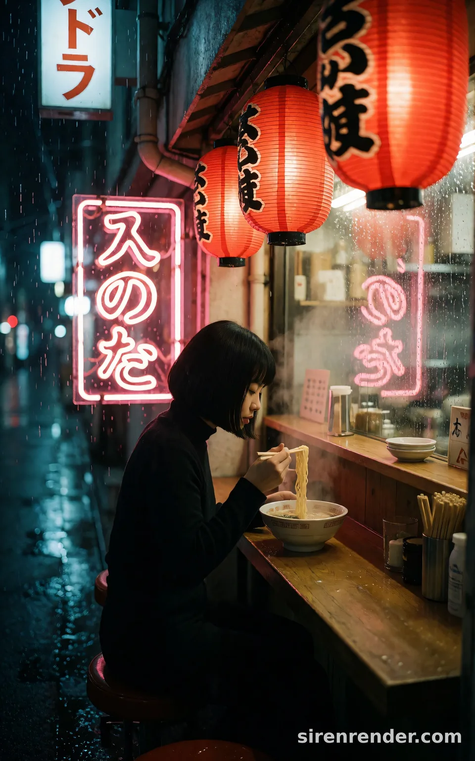 Neon Noodle Bar: night photo of a woman with a black bob eating ramen alone at the counter of a tiny Tokyo alley bar, steam rising, red paper lanterns and pink neon, rain on the street outside, seed 11