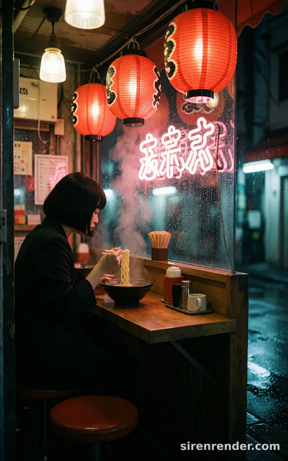 Neon Noodle Bar: night photo of a woman with a black bob eating ramen alone at the counter of a tiny Tokyo alley bar, steam rising, red paper lanterns and pink neon, rain on the street outside, seed 22