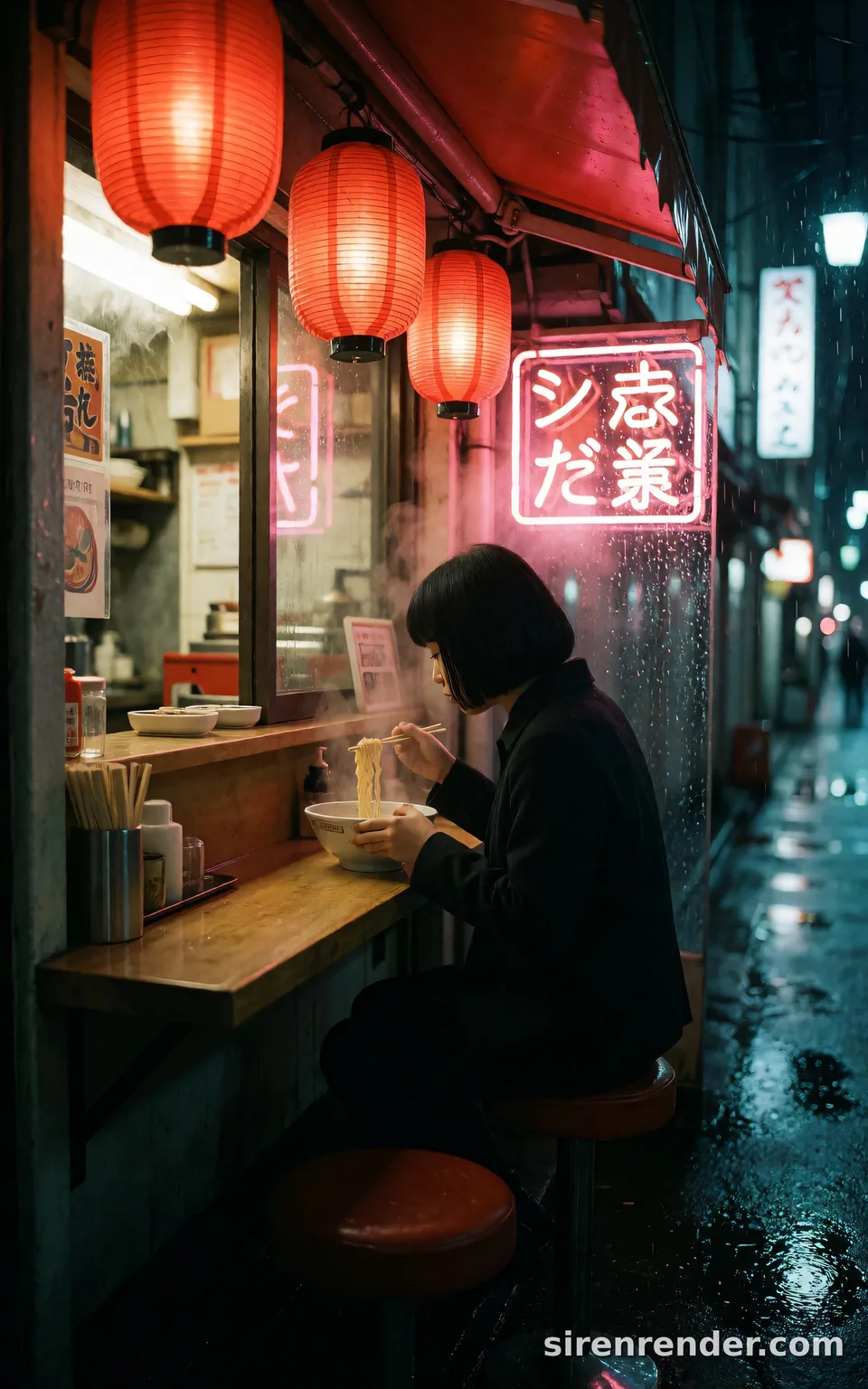 Neon Noodle Bar: night photo of a woman with a black bob eating ramen alone at the counter of a tiny Tokyo alley bar, steam rising, red paper lanterns and pink neon, rain on the street outside, seed 33