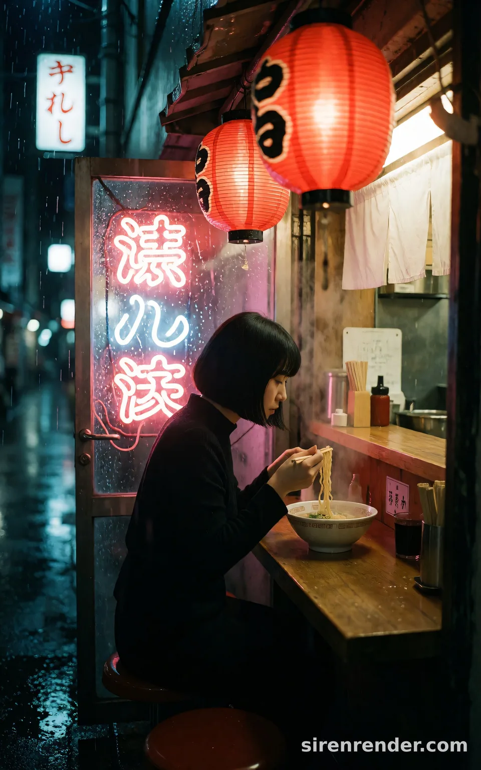 Neon Noodle Bar: night photo of a woman with a black bob eating ramen alone at the counter of a tiny Tokyo alley bar, steam rising, red paper lanterns and pink neon, rain on the street outside, seed 44