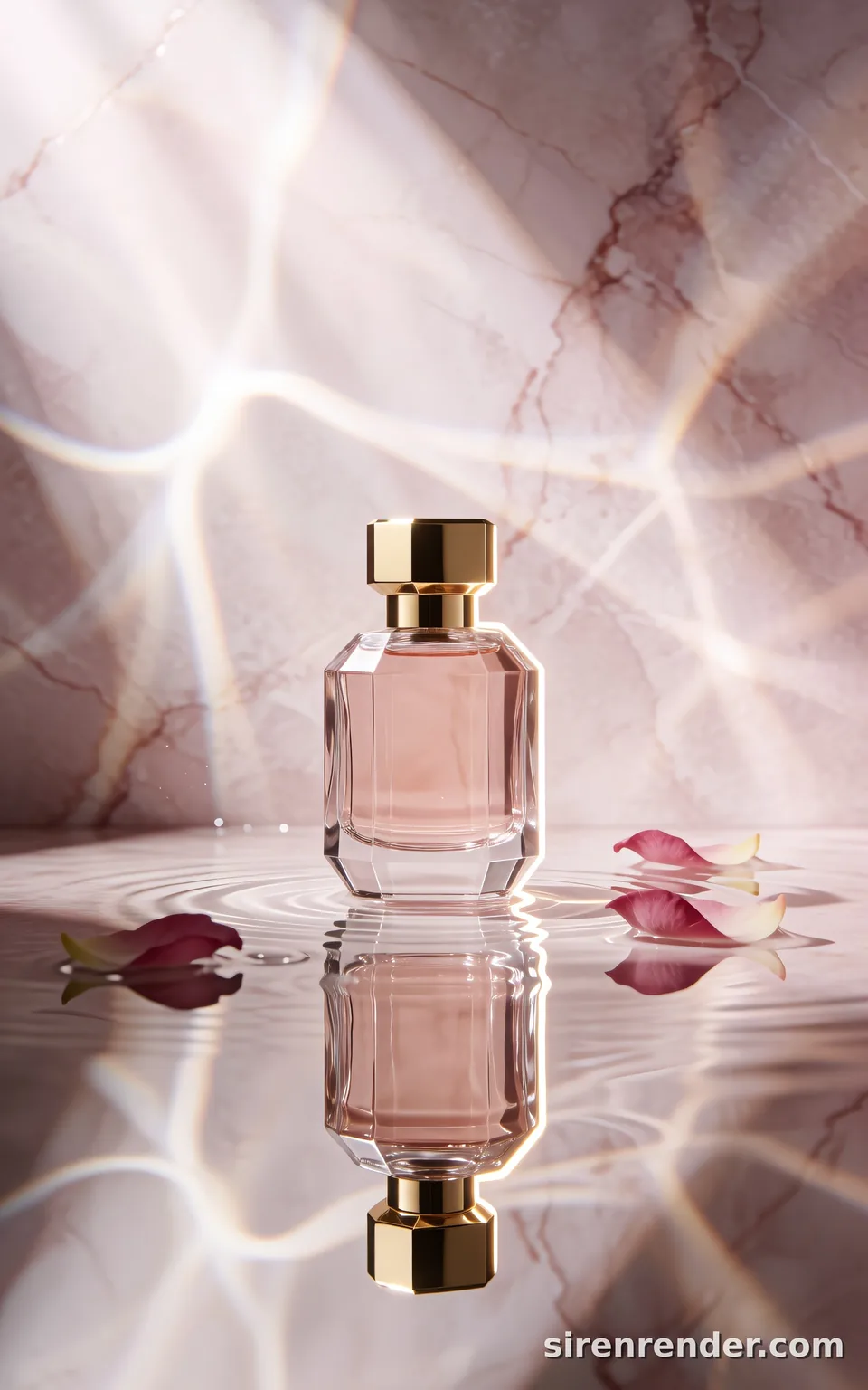 Perfume Bottle on Still Water: luxury product photo of a faceted glass perfume bottle with a gold cap standing in a shallow pool of still water, mirrored below, rose petals floating and caustic light rippling across pale pink stone, seed 11