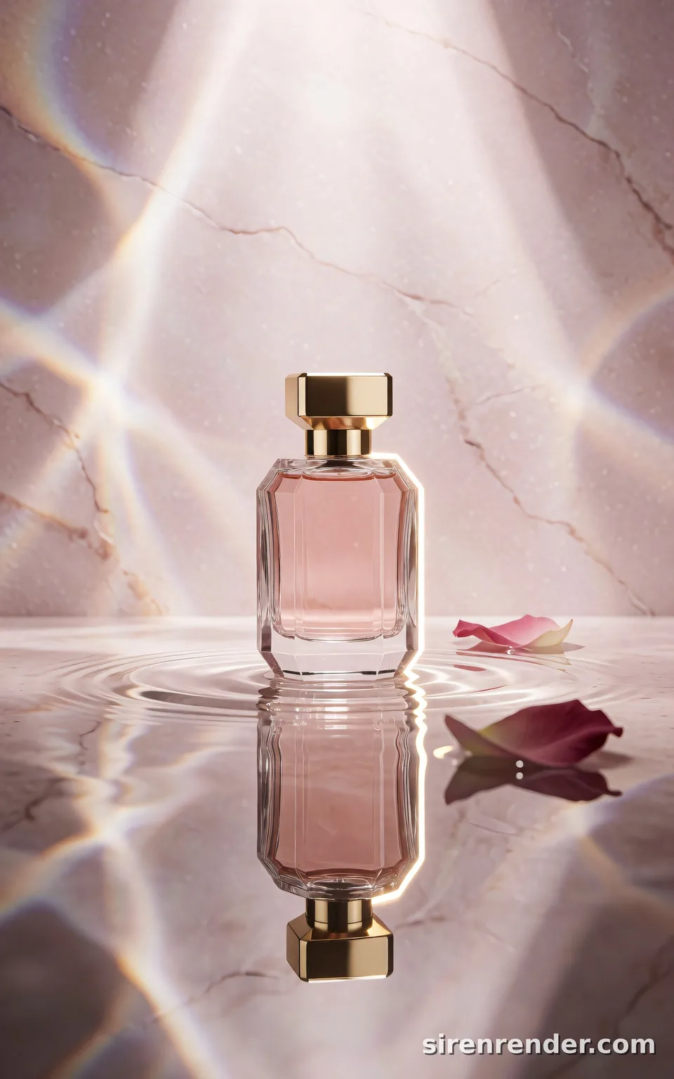 Perfume Bottle on Still Water: luxury product photo of a faceted glass perfume bottle with a gold cap standing in a shallow pool of still water, mirrored below, rose petals floating and caustic light rippling across pale pink stone, seed 22