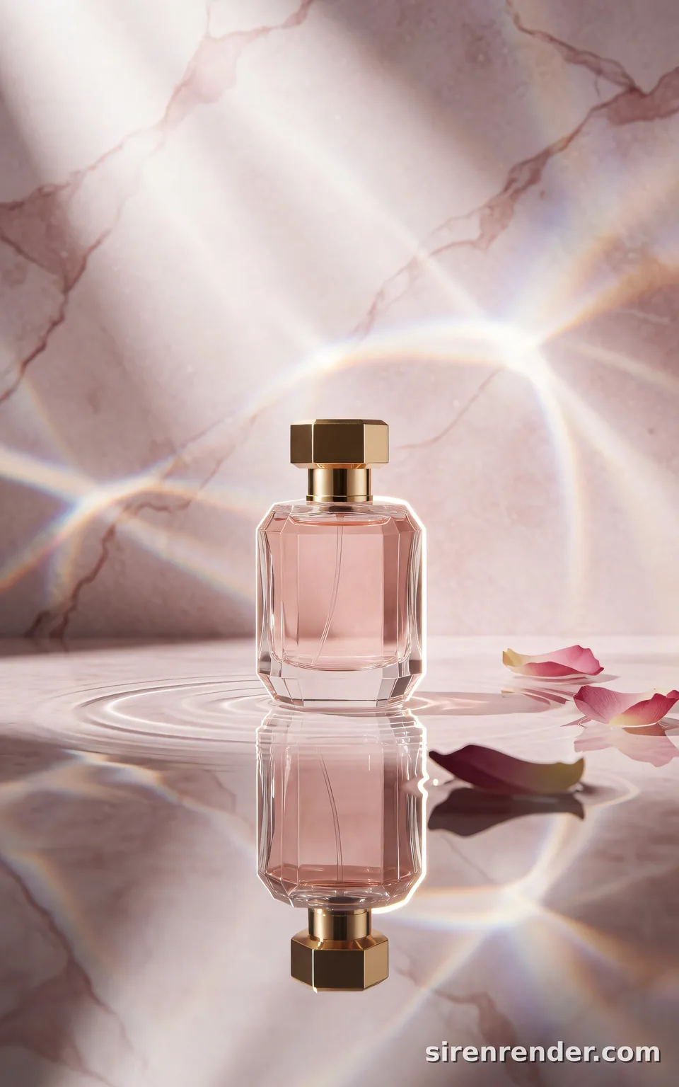Perfume Bottle on Still Water: luxury product photo of a faceted glass perfume bottle with a gold cap standing in a shallow pool of still water, mirrored below, rose petals floating and caustic light rippling across pale pink stone, seed 33