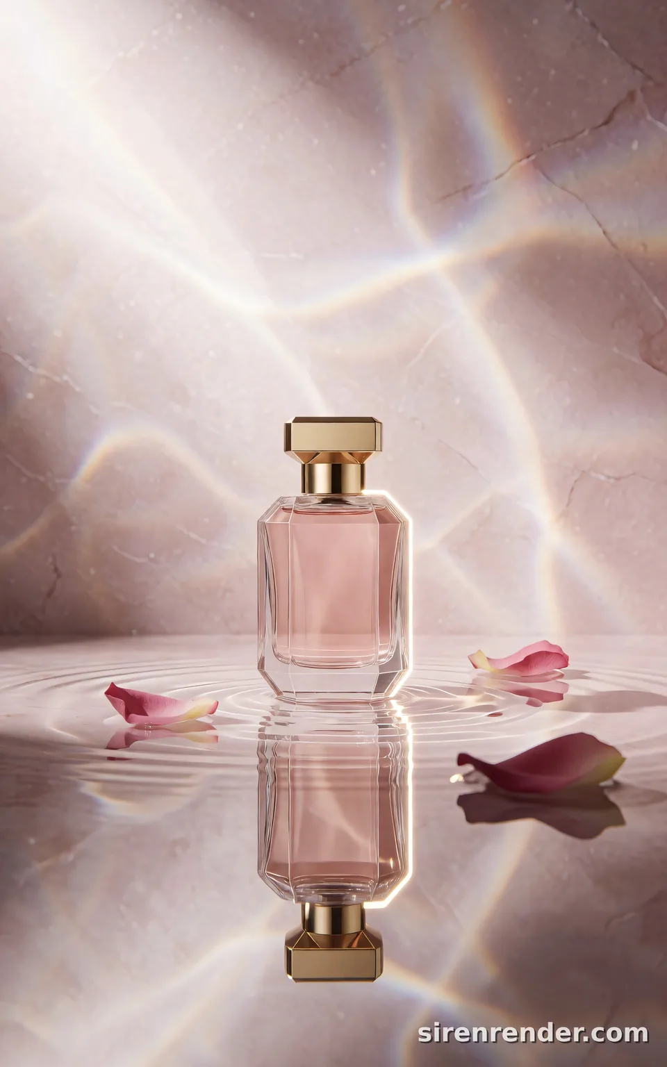 Perfume Bottle on Still Water: luxury product photo of a faceted glass perfume bottle with a gold cap standing in a shallow pool of still water, mirrored below, rose petals floating and caustic light rippling across pale pink stone, seed 44