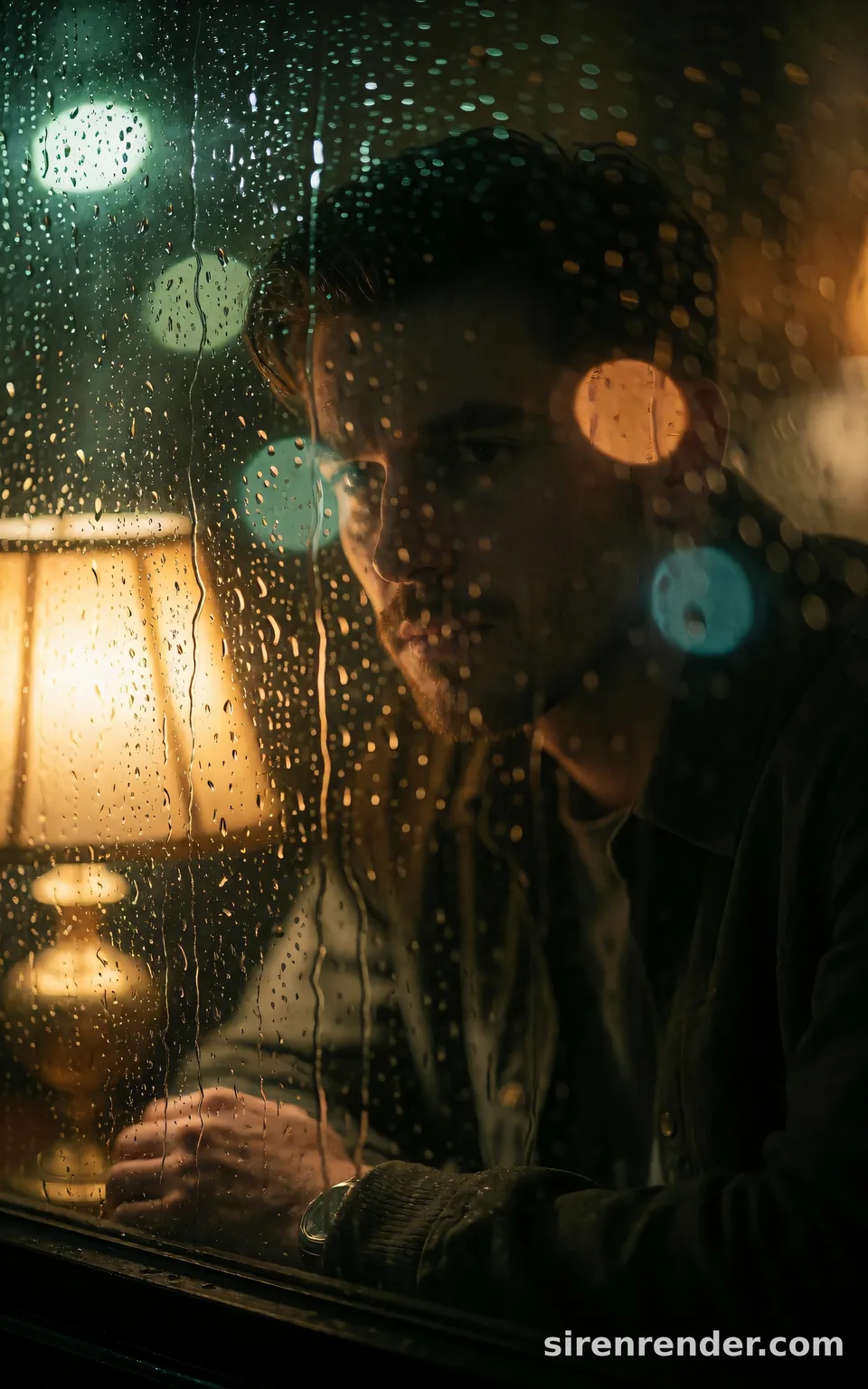 Rainy Window Portrait: moody portrait of a man in his twenties seen through a rain-covered window at night, a warm lamp beside him and green and amber city lights blurred into bokeh, seed 11