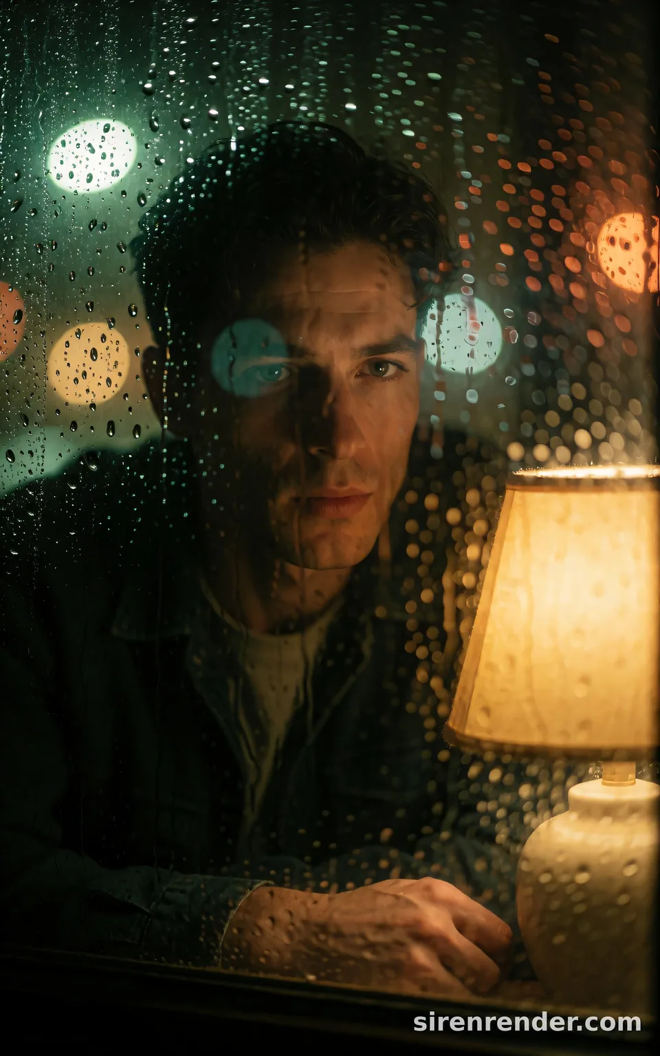 Rainy Window Portrait: moody portrait of a man in his twenties seen through a rain-covered window at night, a warm lamp beside him and green and amber city lights blurred into bokeh, seed 22