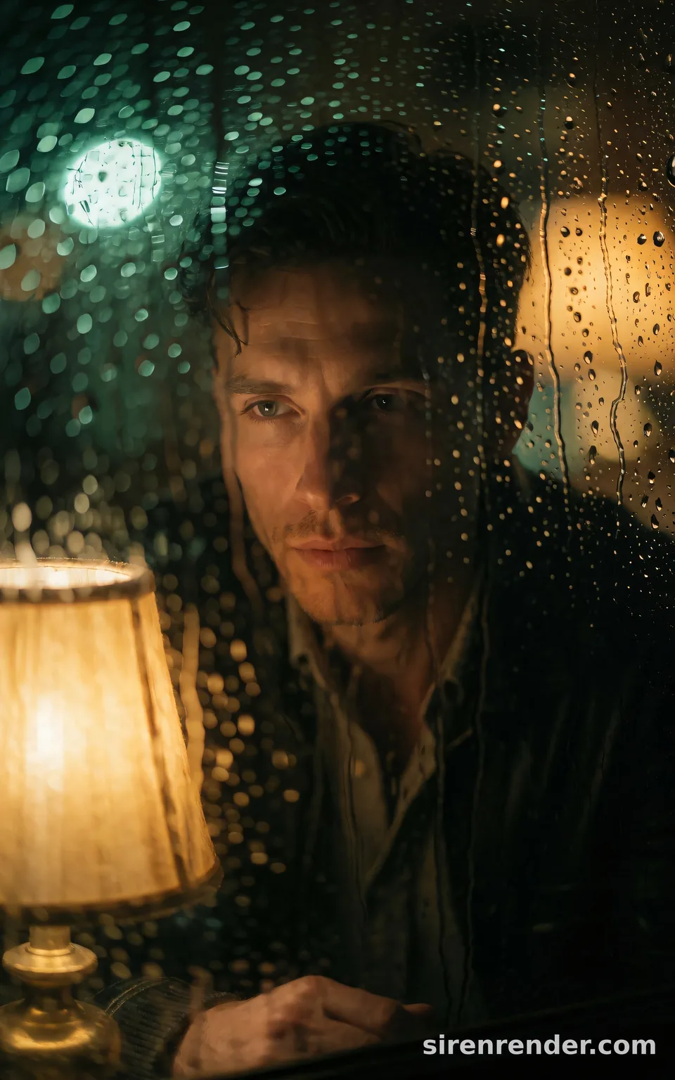Rainy Window Portrait: moody portrait of a man in his twenties seen through a rain-covered window at night, a warm lamp beside him and green and amber city lights blurred into bokeh, seed 33