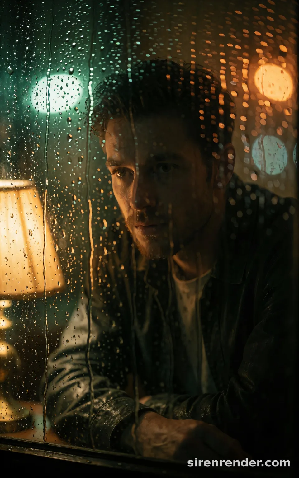 Rainy Window Portrait: moody portrait of a man in his twenties seen through a rain-covered window at night, a warm lamp beside him and green and amber city lights blurred into bokeh, seed 44
