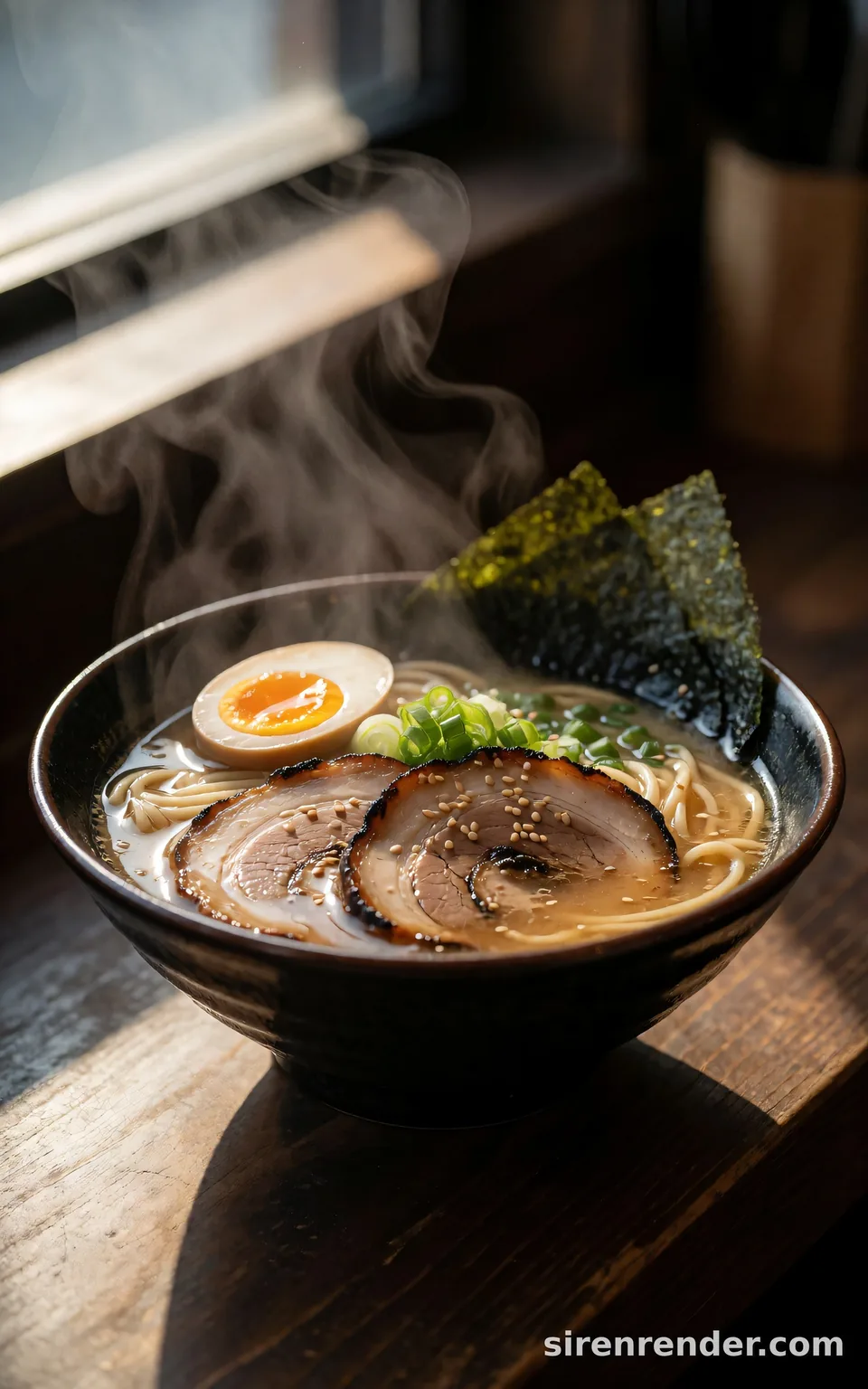 Tonkotsu Ramen Close-Up: close-up food photo of a steaming bowl of tonkotsu ramen with charred chashu pork, a halved soft-boiled egg with a jammy orange yolk, nori, scallions and sesame, steam curling through window light, seed 11