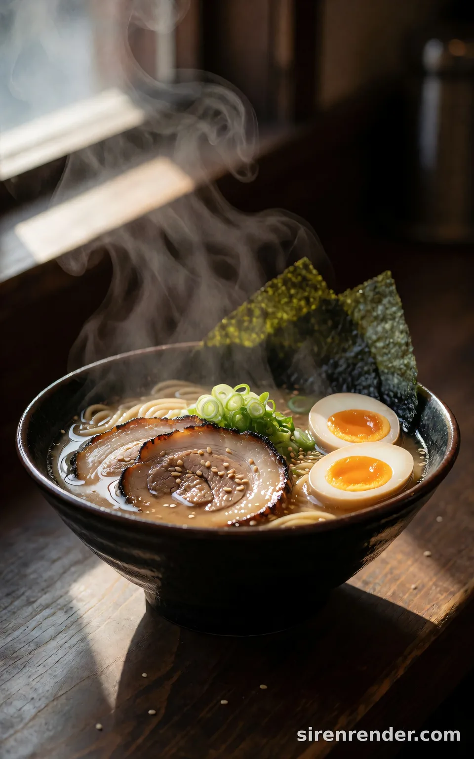 Tonkotsu Ramen Close-Up: close-up food photo of a steaming bowl of tonkotsu ramen with charred chashu pork, a halved soft-boiled egg with a jammy orange yolk, nori, scallions and sesame, steam curling through window light, seed 22