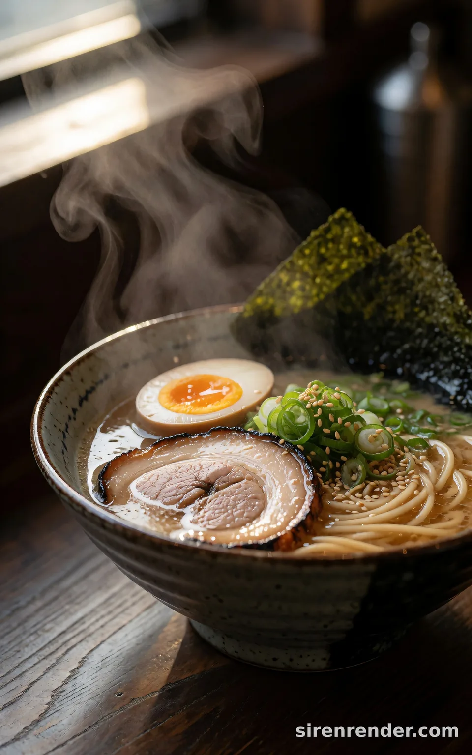 Tonkotsu Ramen Close-Up: close-up food photo of a steaming bowl of tonkotsu ramen with charred chashu pork, a halved soft-boiled egg with a jammy orange yolk, nori, scallions and sesame, steam curling through window light, seed 33