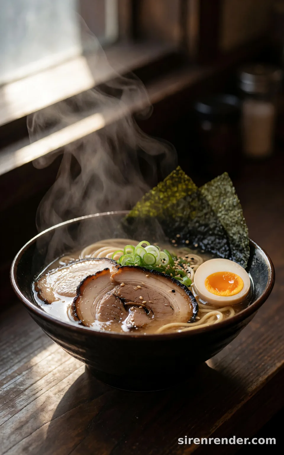 Tonkotsu Ramen Close-Up: close-up food photo of a steaming bowl of tonkotsu ramen with charred chashu pork, a halved soft-boiled egg with a jammy orange yolk, nori, scallions and sesame, steam curling through window light, seed 44