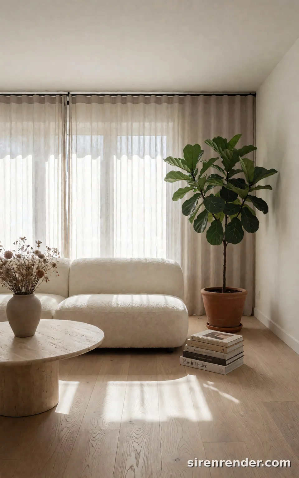Scandinavian Living Room: bright Scandinavian living room with white oak floors, a cream boucle sofa, a round travertine coffee table, a fiddle leaf fig in a terracotta pot and linen curtains filtering morning sun, seed 11