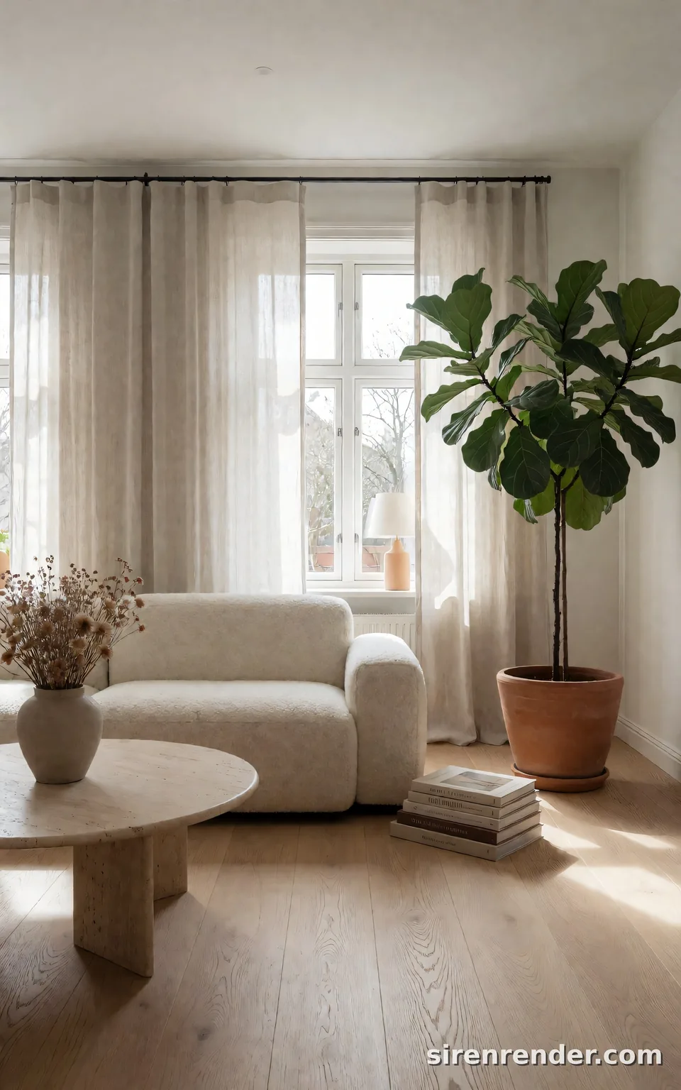 Scandinavian Living Room: bright Scandinavian living room with white oak floors, a cream boucle sofa, a round travertine coffee table, a fiddle leaf fig in a terracotta pot and linen curtains filtering morning sun, seed 22