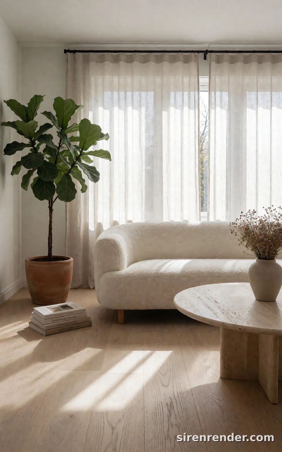 Scandinavian Living Room: bright Scandinavian living room with white oak floors, a cream boucle sofa, a round travertine coffee table, a fiddle leaf fig in a terracotta pot and linen curtains filtering morning sun, seed 33