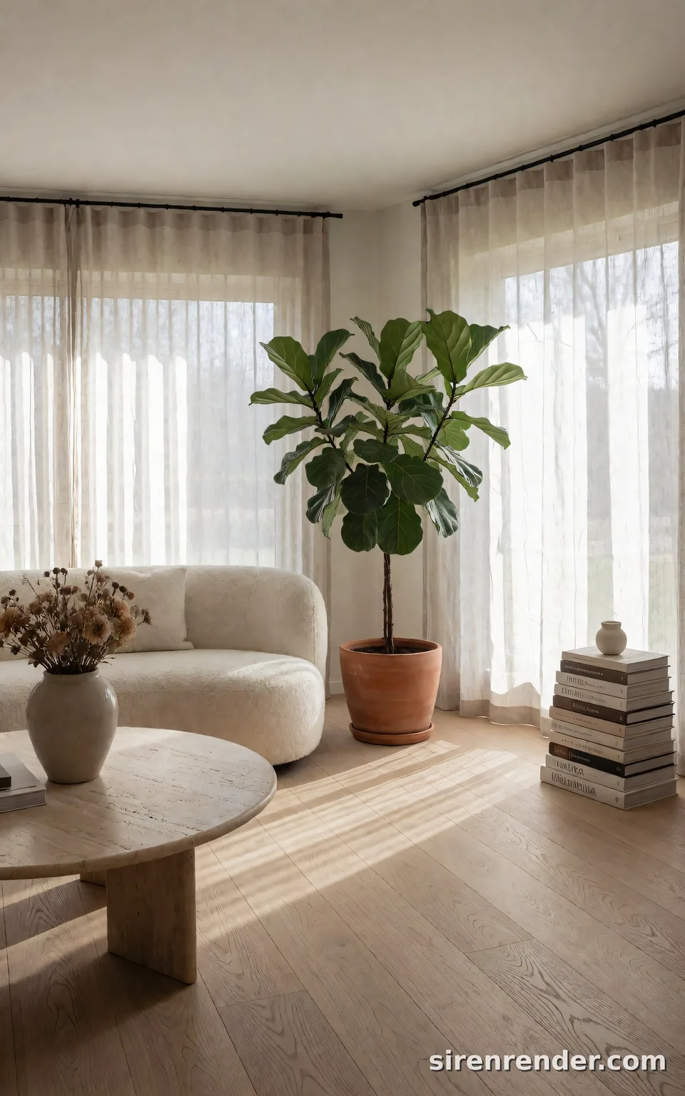 Scandinavian Living Room: bright Scandinavian living room with white oak floors, a cream boucle sofa, a round travertine coffee table, a fiddle leaf fig in a terracotta pot and linen curtains filtering morning sun, seed 44