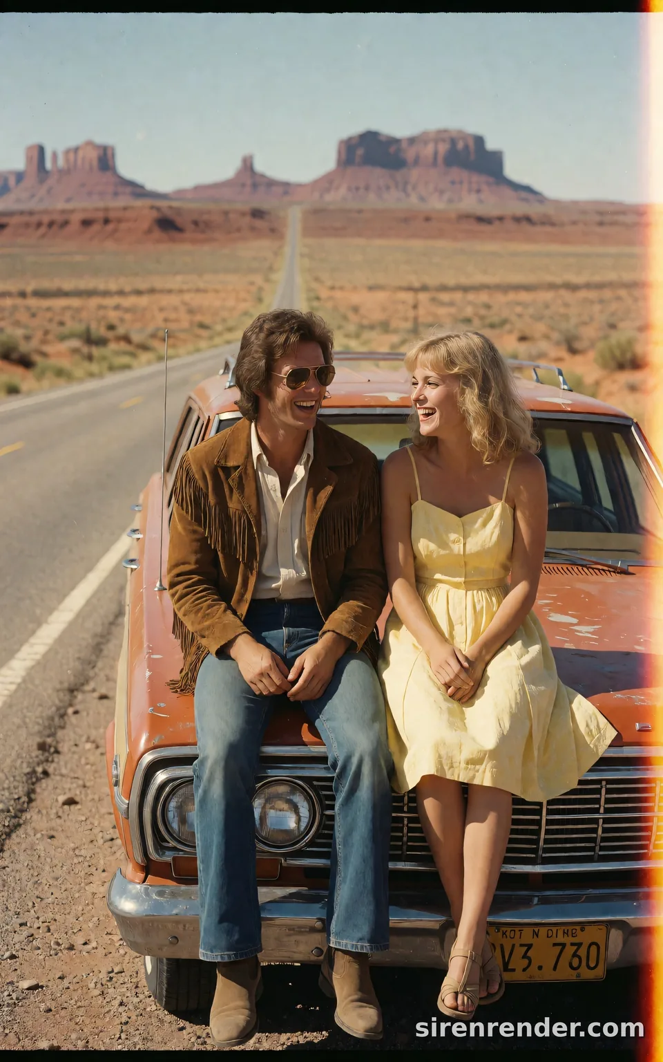 1970s Road Trip Snapshot: vintage 1970s photo of two friends in their twenties laughing on the hood of a faded orange station wagon beside a desert highway, aviator sunglasses, a suede fringe jacket and a yellow sundress, red mesas behind, seed 11