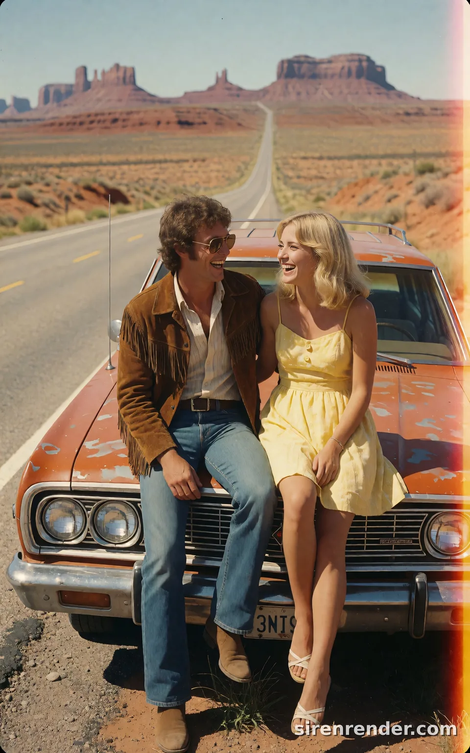 1970s Road Trip Snapshot: vintage 1970s photo of two friends in their twenties laughing on the hood of a faded orange station wagon beside a desert highway, aviator sunglasses, a suede fringe jacket and a yellow sundress, red mesas behind, seed 22