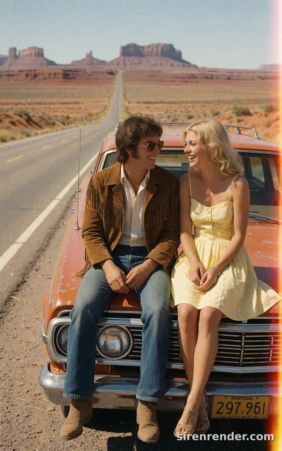1970s Road Trip Snapshot: vintage 1970s photo of two friends in their twenties laughing on the hood of a faded orange station wagon beside a desert highway, aviator sunglasses, a suede fringe jacket and a yellow sundress, red mesas behind, seed 33