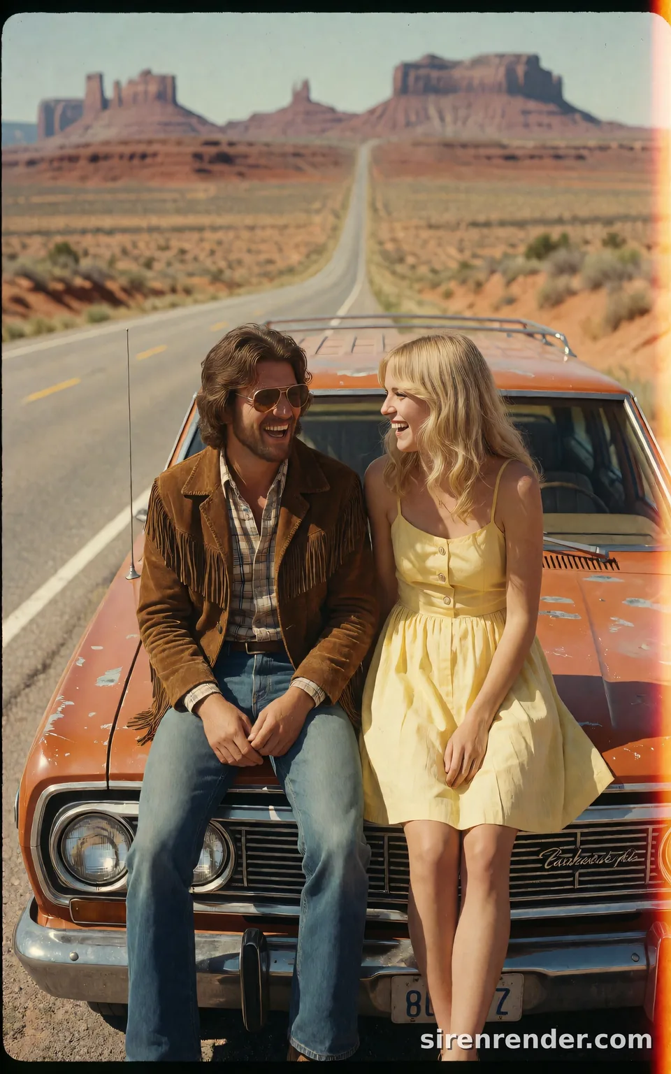 1970s Road Trip Snapshot: vintage 1970s photo of two friends in their twenties laughing on the hood of a faded orange station wagon beside a desert highway, aviator sunglasses, a suede fringe jacket and a yellow sundress, red mesas behind, seed 44