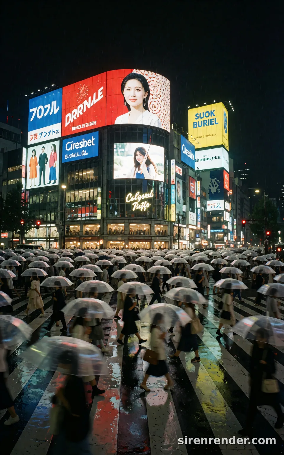 Tokyo Crossing in the Rain: street photo of a crowded Tokyo crossing at night from slightly above, hundreds of people under clear umbrellas, giant glowing billboards reflected on the rain-soaked road, seed 11