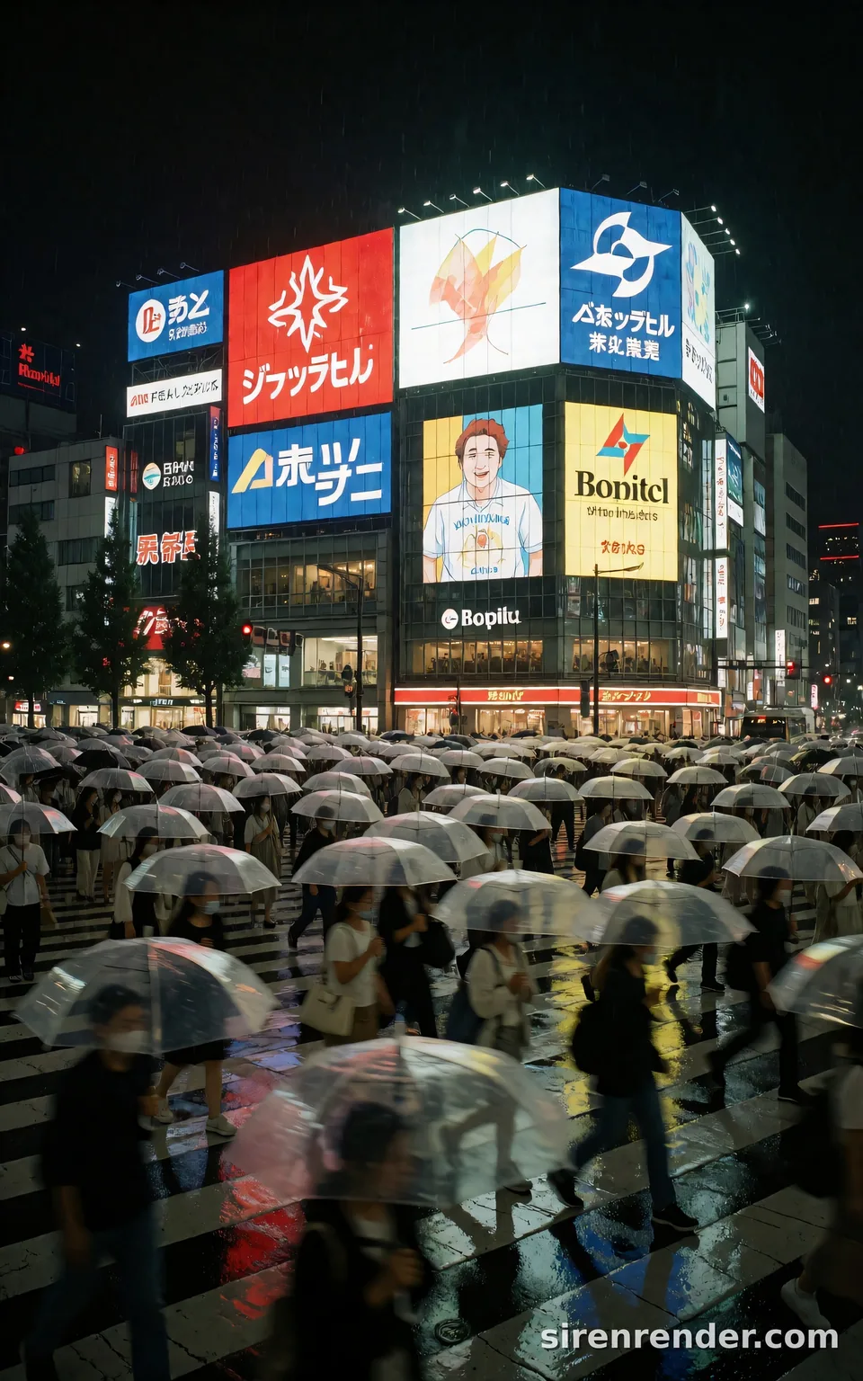 Tokyo Crossing in the Rain: street photo of a crowded Tokyo crossing at night from slightly above, hundreds of people under clear umbrellas, giant glowing billboards reflected on the rain-soaked road, seed 22