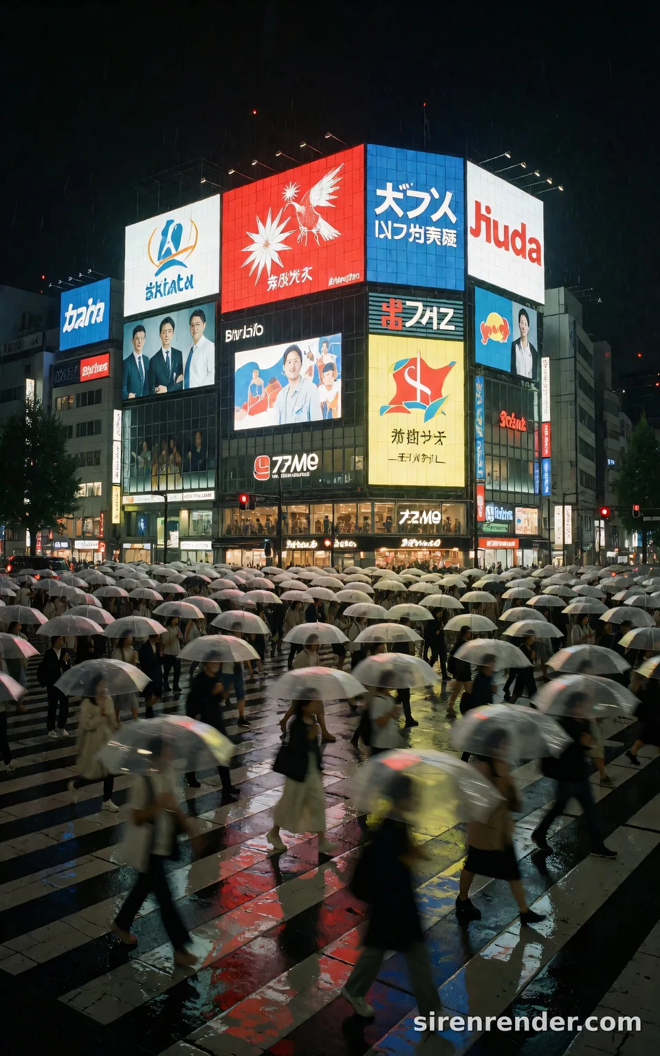 Tokyo Crossing in the Rain: street photo of a crowded Tokyo crossing at night from slightly above, hundreds of people under clear umbrellas, giant glowing billboards reflected on the rain-soaked road, seed 33