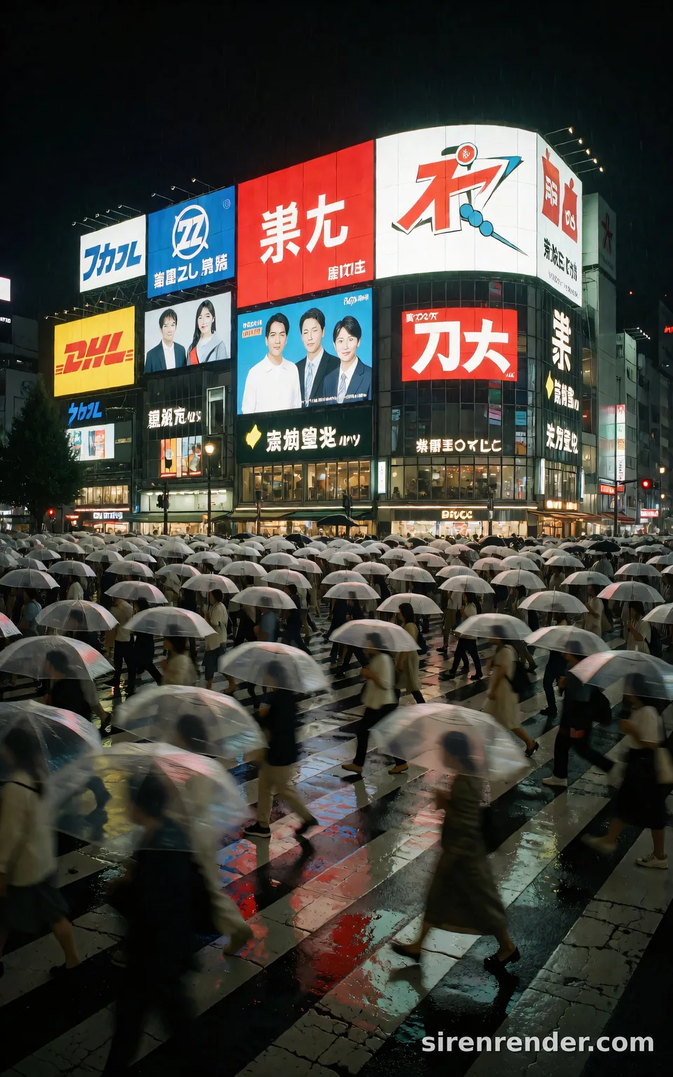 Tokyo Crossing in the Rain: street photo of a crowded Tokyo crossing at night from slightly above, hundreds of people under clear umbrellas, giant glowing billboards reflected on the rain-soaked road, seed 44