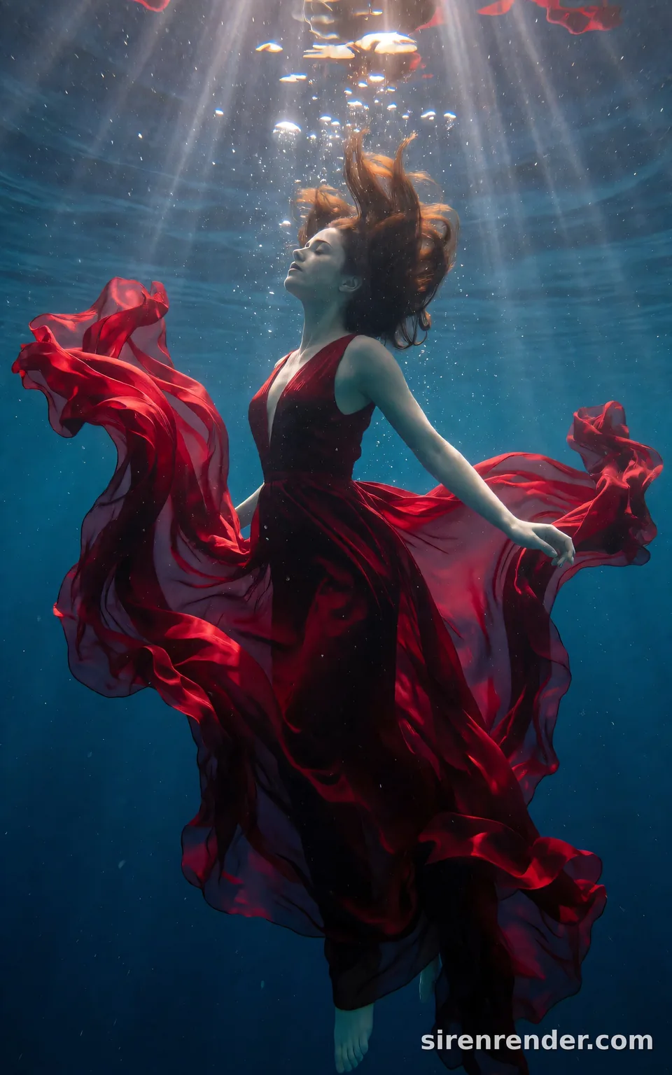 Underwater Silk Gown: underwater fashion photo of a woman in a flowing crimson silk gown suspended in deep blue water, the fabric billowing around her, sun rays from the surface and rising bubbles, seed 11