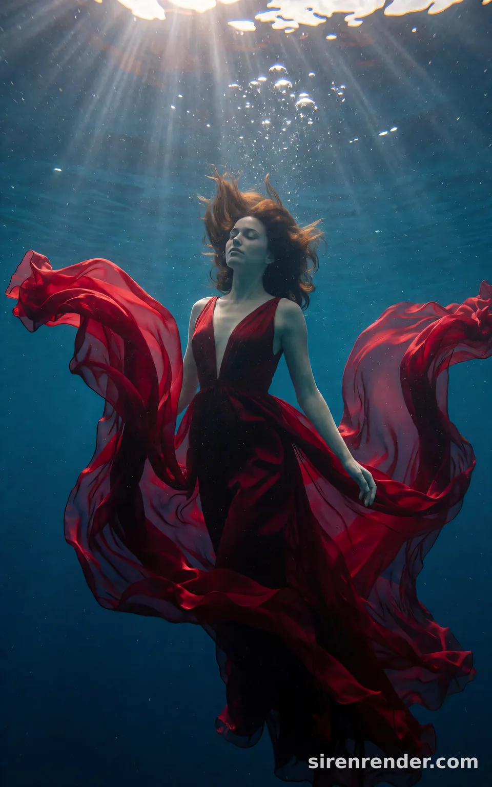 Underwater Silk Gown: underwater fashion photo of a woman in a flowing crimson silk gown suspended in deep blue water, the fabric billowing around her, sun rays from the surface and rising bubbles, seed 22