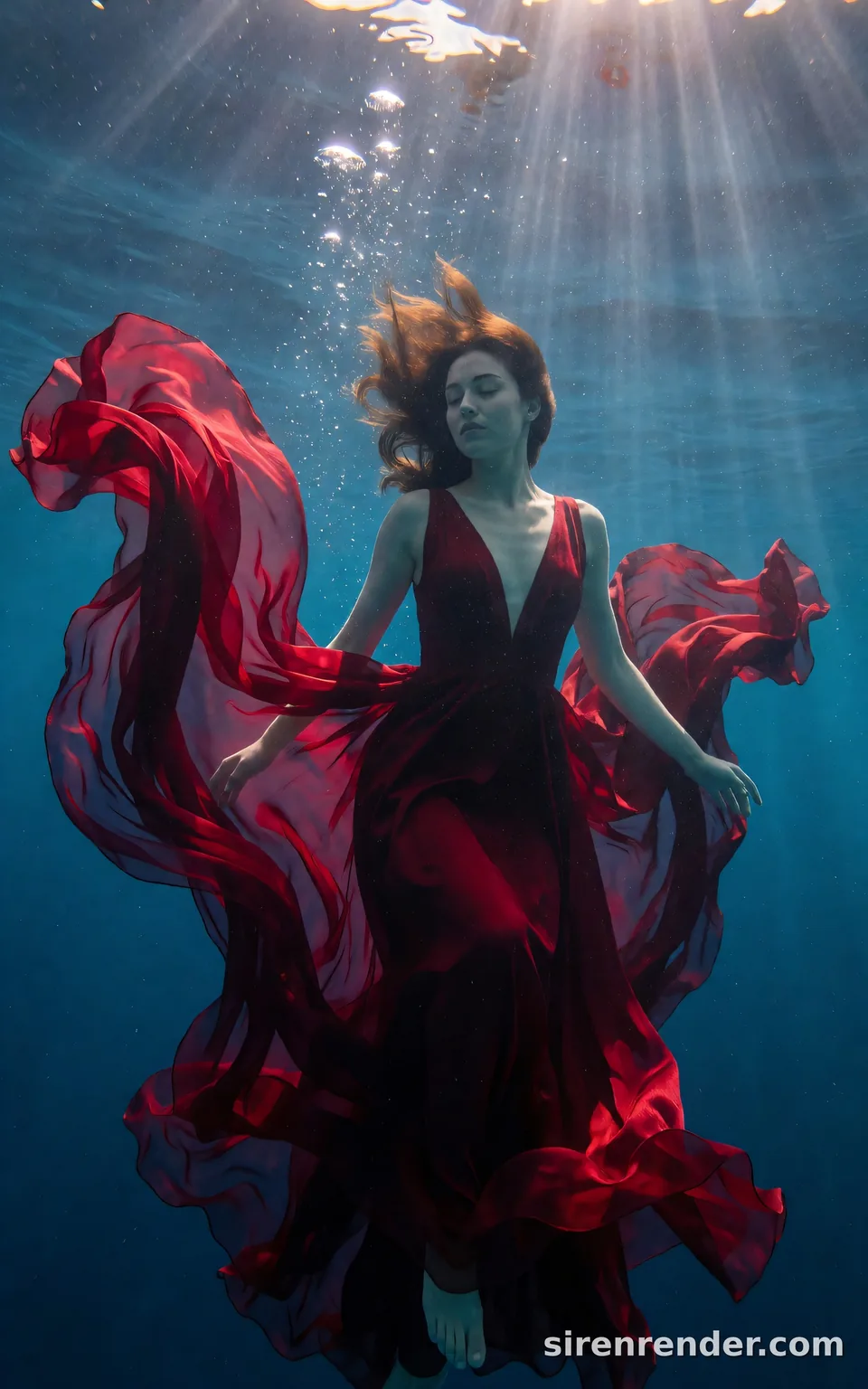 Underwater Silk Gown: underwater fashion photo of a woman in a flowing crimson silk gown suspended in deep blue water, the fabric billowing around her, sun rays from the surface and rising bubbles, seed 33