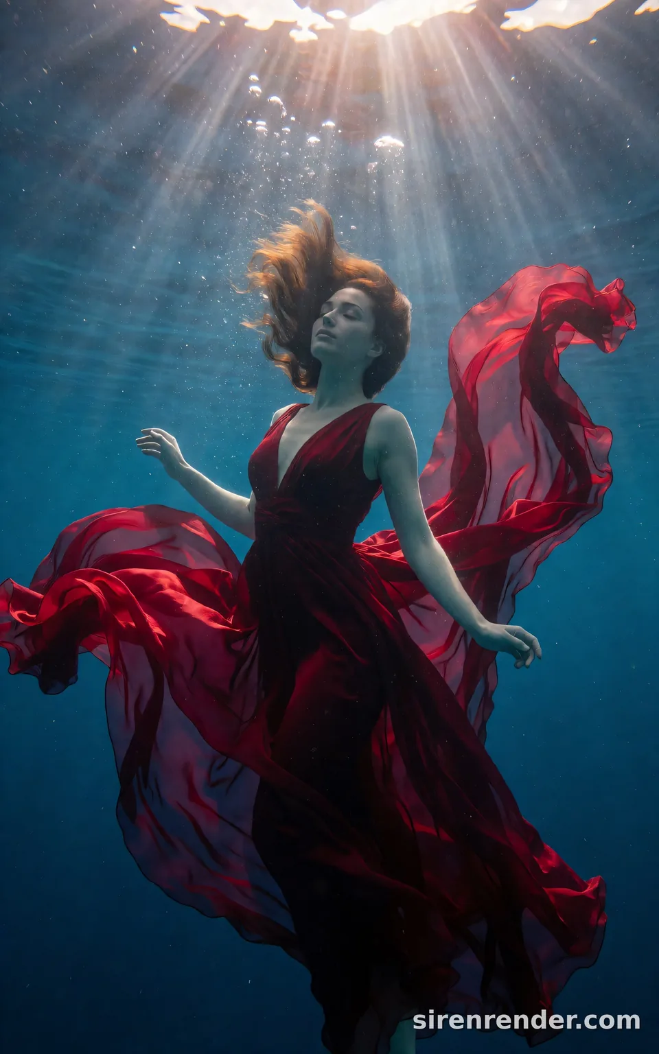 Underwater Silk Gown: underwater fashion photo of a woman in a flowing crimson silk gown suspended in deep blue water, the fabric billowing around her, sun rays from the surface and rising bubbles, seed 44