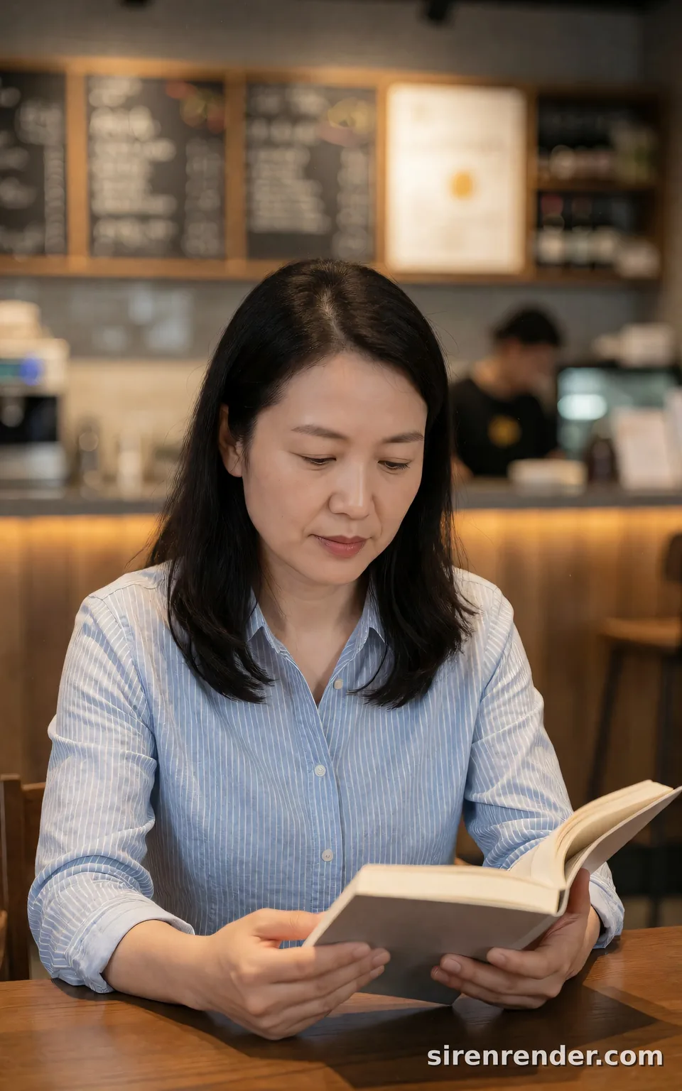 Reader in a cafe, short prompt: Reader in a cafe, short prompt, seed 22