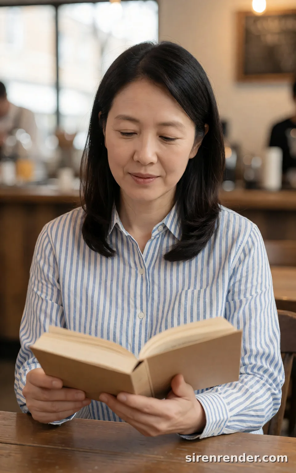Reader in a cafe, short prompt: Reader in a cafe, short prompt, seed 44