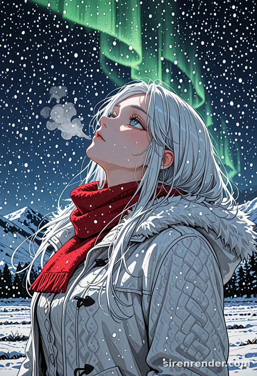 Aurora Night: anime woman with long white hair and a red scarf looking up at green northern lights while snow falls, her breath visible, seed 11