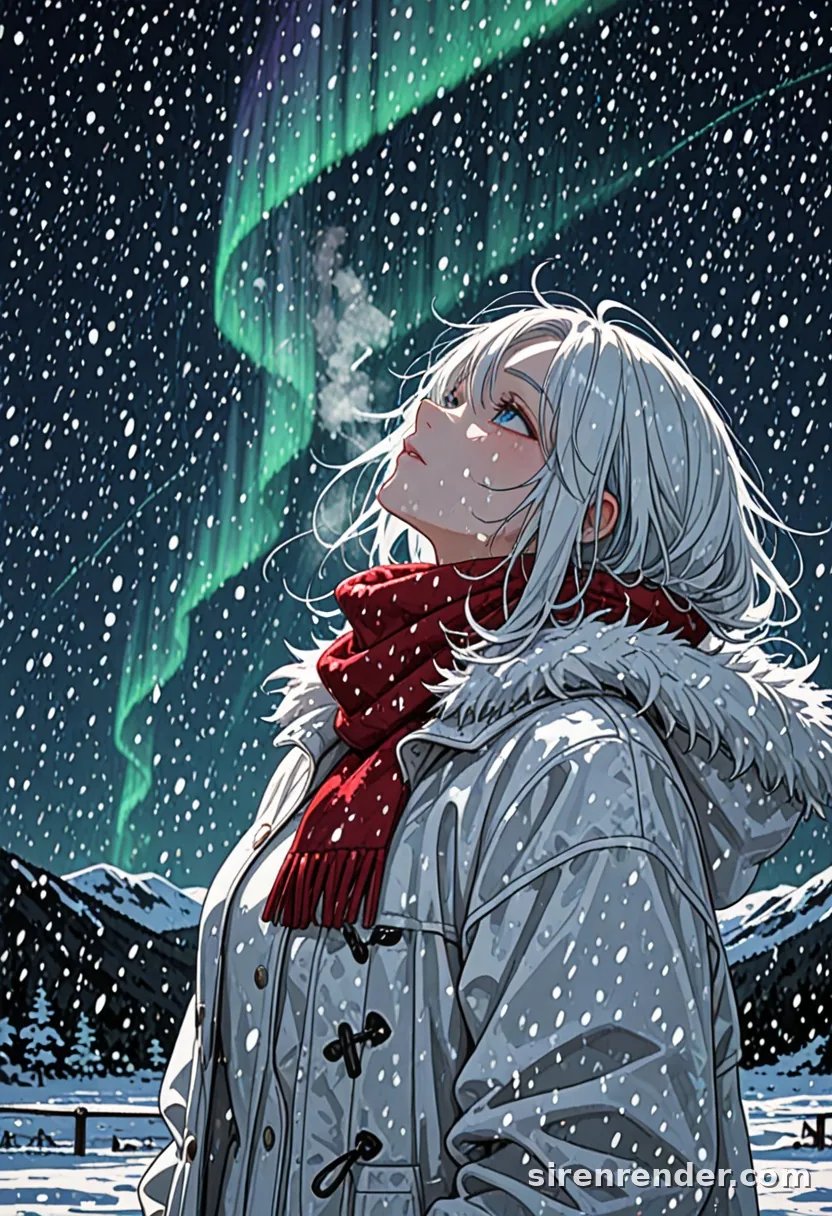Aurora Night: anime woman with long white hair and a red scarf looking up at green northern lights while snow falls, her breath visible, seed 22