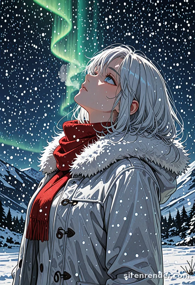 Aurora Night: anime woman with long white hair and a red scarf looking up at green northern lights while snow falls, her breath visible, seed 33