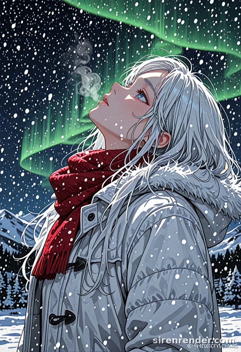 Aurora Night: anime woman with long white hair and a red scarf looking up at green northern lights while snow falls, her breath visible, seed 44