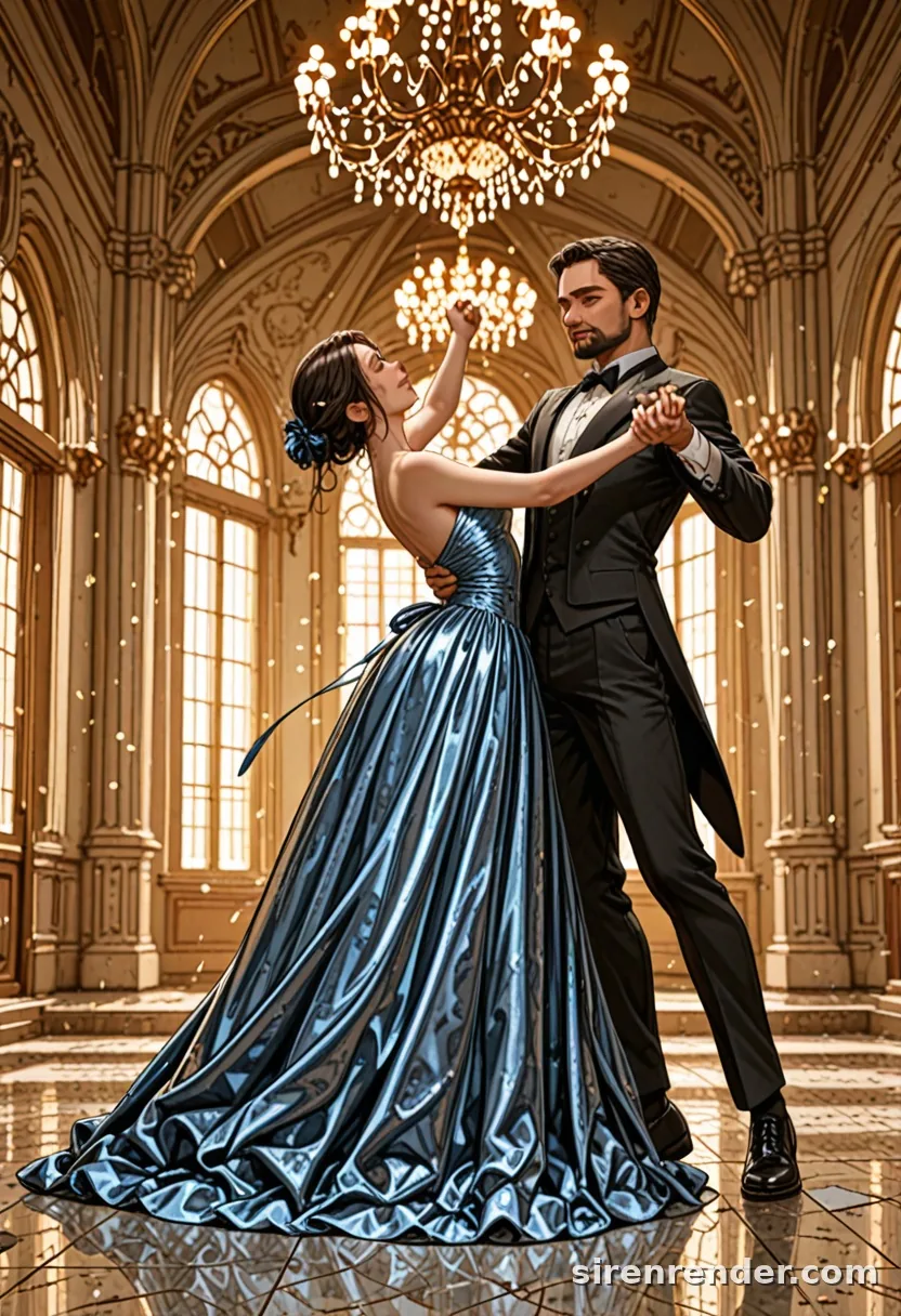 Ballroom Waltz: anime couple waltzing in a palace ballroom under crystal chandeliers, the woman in a flowing blue ball gown and the man in a black tuxedo, seed 11
