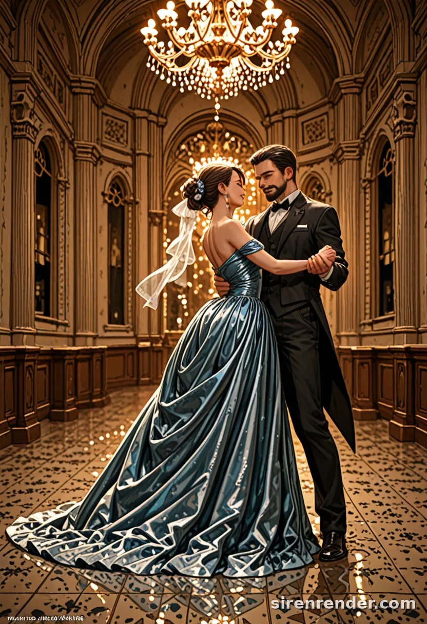 Ballroom Waltz: anime couple waltzing in a palace ballroom under crystal chandeliers, the woman in a flowing blue ball gown and the man in a black tuxedo, seed 22